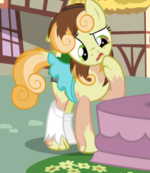 Size: 1092x1257 | Tagged: safe, artist:anonymous, imported from derpibooru, junebug, earth pony, pony, clothes, confused, female, head tilt, human to pony, mare, show accurate, skirt, socks, solo, transformation