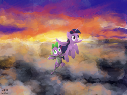 Size: 4000x3000 | Tagged: safe, artist:widelake, imported from derpibooru, spike, twilight sparkle, alicorn, dragon, pony, cloud, female, flying, male, mare, twilight sparkle (alicorn), winged spike, wings