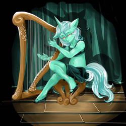 Size: 1280x1280 | Tagged: safe, artist:mrrowerscream, imported from derpibooru, lyra heartstrings, anthro, unguligrade anthro, unicorn, clothes, female, halter top, harp, high heels, horn, human facial structure, musical instrument, playing instrument, shoes, skirt, solo, tail