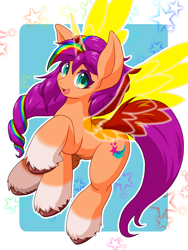 Size: 1500x2000 | Tagged: safe, artist:ragurimo, imported from derpibooru, sunny starscout, alicorn, pony, abstract background, artificial horn, artificial wings, augmented, coat markings, eyebrows, eyebrows visible through hair, female, g5, horn, magic, magic horn, magic wings, mane stripe sunny, mare, my little pony: a new generation, no pupils, open mouth, race swap, socks (coat markings), solo, sunnycorn, unshorn fetlocks, wings