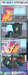 Size: 1009x2693 | Tagged: safe, artist:shootingstarsentry, imported from derpibooru, apple bloom, scootaloo, sweetie belle, oc, oc:nightshade (digimonlover101), changepony, earth pony, hybrid, pegasus, pony, unicorn, comic:the next generation, book, bookshelf, comic, cutie mark crusaders, interspecies offspring, offspring, older, older apple bloom, older cmc, older scootaloo, older sweetie belle, parent:king sombra, parent:queen chrysalis, parents:chrysombra