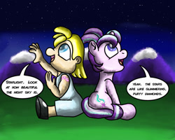 Size: 1280x1024 | Tagged: safe, artist:saburodaimando, imported from derpibooru, starlight glimmer, oc, oc:wanda young, human, pony, unicorn, dialogue, female, filly, filly starlight glimmer, human oc, night, starlight glimmer day, stars, younger