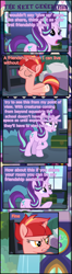 Size: 979x3732 | Tagged: safe, artist:shootingstarsentry, imported from derpibooru, starlight glimmer, oc, oc:star curve, pony, unicorn, comic:the next generation, bed, book, bookshelf, comic, female, mare, offspring, parent:starlight glimmer, parent:sunburst, parents:starburst, pillow