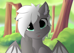 Size: 3508x2480 | Tagged: safe, artist:verlista, imported from derpibooru, oc, oc only, oc:lily shein, bat pony, pony, cheek fluff, cute eyes, ear fluff, face, female, forest, half-breed, looking at you, offscreen character, open mouth, pov, solo, surprised, teenager