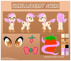 Size: 2200x1900 | Tagged: safe, artist:angelina-pax, imported from derpibooru, oc, oc only, oc:vanillaberry swirl, earth pony, food pony, pony, bowtie, butt, color palette, commission, cutie mark, ear piercing, earring, female, food, horn, jewelry, mare, piercing, plot, ponified, reference sheet, solo, ych result