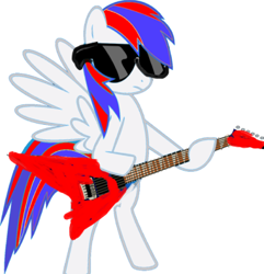 Size: 400x415 | Tagged: safe, imported from derpibooru, oc, oc only, pegasus, pony, bipedal, electric guitar, frown, guitar, hoof hold, hooves, musical instrument, pegasus oc, simple background, solo, spread wings, standing, sunglasses, tail, two toned mane, two toned tail, white background, wings