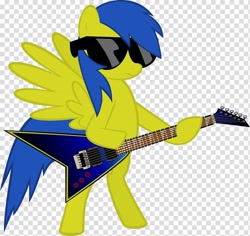 Size: 800x754 | Tagged: safe, artist:mysteriouskaos, artist:wajit, imported from derpibooru, oc, oc only, oc:metal core pony, pegasus, pony, base used, bipedal, blue mane, blue tail, checkered background, electric guitar, frown, full body, guitar, hoof hold, hooves, musical instrument, pegasus oc, solo, spread wings, standing, sunglasses, tail, wings