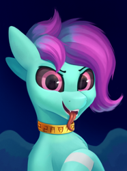 Size: 1186x1594 | Tagged: safe, artist:foxpit, imported from derpibooru, oc, oc only, pegasus, pony, black sclera, bust, fangs, looking at you, male, solo, tongue out