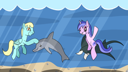 Size: 1920x1080 | Tagged: safe, artist:platinumdrop, imported from derpibooru, sassaflash, sea swirl, seafoam, dolphin, pegasus, unicorn, manta ray, underwater