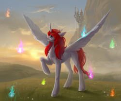 Size: 3600x3000 | Tagged: safe, artist:inarimayer, imported from derpibooru, oc, oc only, alicorn, pony, alicorn oc, canterlot castle, cloud, curved horn, female, fire, horn, magic fire, mare, mountain, scenery, solo, spread wings, standing, sunset, surprised, wings