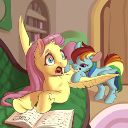 Size: 1000x1001 | Tagged: safe, artist:gor1ck, imported from derpibooru, fluttershy, rainbow dash, pegasus, pony, behaving like a cat, biting, book, bookshelf, butt bite, cyrillic, duo, eyelashes, fetlock tuft, literal butthurt, pain, russian, screaming, shocked, surprised, tail, translated in the comments, underhoof, wings