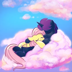 Size: 2077x2077 | Tagged: safe, artist:pfeffaroo, imported from derpibooru, fluttershy, oc, pegasus, pony, unicorn, canon x oc, cloud, commission, cuddling, cute, duo, eyes closed, female, hug, lying down, lying on a cloud, male, mare, on a cloud, shipping, shyabetes, sleeping, smiling, stallion, straight