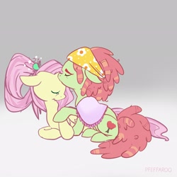 Size: 2048x2048 | Tagged: safe, artist:pfeffaroo, imported from derpibooru, fluttershy, tree hugger, earth pony, pegasus, pony, duo, female, flutterhugger, forehead kiss, kissing, lesbian, older, older fluttershy, older tree hugger, shipping