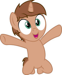 Size: 1924x2318 | Tagged: safe, artist:peternators, imported from derpibooru, oc, oc only, oc:heroic armour, pony, unicorn, brown mane, colt, foal, full body, happy, high res, hooves, horn, male, open mouth, open smile, show accurate, simple background, smiling, solo, transparent background, unicorn oc