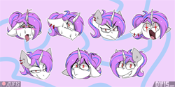 Size: 1600x800 | Tagged: safe, artist:difis, imported from derpibooru, oc, oc only, oc:purpleflare, unicorn, ahegao, commission, crying, ear piercing, earring, embarrassed, emotes, jewelry, open mouth, piercing, smug, tongue out, ych result