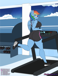 Size: 2217x2900 | Tagged: safe, artist:thehuskylord, imported from derpibooru, rainbow dash, anthro, pegasus, plantigrade anthro, ass, athletic, breasts, busty rainbow dash, butt, clothes, dumbbell (object), exercise, female, gym, jogging, no tail, rainbutt dash, shorts, solo, sports bra, sports shorts, treadmill, weights, winged anthro, wings