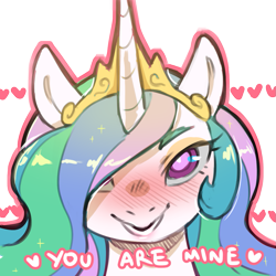 Size: 1159x1159 | Tagged: safe, artist:cold-blooded-twilight, imported from derpibooru, princess celestia, alicorn, pony, blushing, crown, dialogue, eyeshadow, female, heart, jewelry, looking at you, makeup, mare, open mouth, open smile, regalia, simple background, smiling, solo, transparent background, yandelestia, yandere