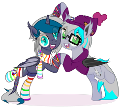 Size: 2372x2071 | Tagged: safe, artist:idkhesoff, derpibooru exclusive, imported from derpibooru, oc, oc only, oc:batilla, oc:elizabat stormfeather, alicorn, bat pony, bat pony alicorn, pony, alicorn oc, asexual pride flag, bat pony oc, bat wings, beanie, bisexual pride flag, bracelet, clothes, duo, ear piercing, earring, fangs, female, freckles, gay pride flag, genderfluid pride flag, glasses, hat, hoodie, horn, jewelry, leonine tail, lesbian pride flag, mare, nonbinary pride flag, open mouth, pencil, piercing, pride, pride flag, rainbow socks, scarf, simple background, socks, striped socks, tail, transparent background, wings, wristband