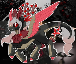 Size: 2502x2124 | Tagged: safe, artist:tay-niko-yanuciq, artist:xochicoatlyoliztli, imported from derpibooru, oc, oc only, kirin, pony, winged kirin, antlers, base used, cloven hooves, colored wings, curved horn, digital art, ear piercing, earring, fangs, horn, jewelry, piercing, red eyes, solo, two toned wings, whiskers, wings