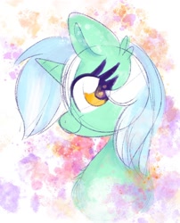 Size: 1374x1700 | Tagged: safe, artist:lbrcloud, imported from derpibooru, lyra heartstrings, pony, unicorn, abstract background, bust, colored sketch, portrait, profile, sketch, smiling