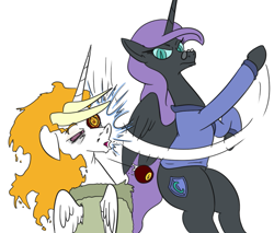 Size: 689x586 | Tagged: safe, artist:jargon scott, imported from derpibooru, oc, oc only, oc:dyx, oc:nyx, alicorn, pony, duo, female, glass eye, mare, older, older dyx, older nyx, siblings, simple background, sisters, slap, white background