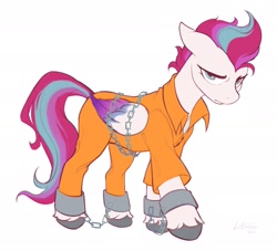 Size: 2048x1856 | Tagged: safe, artist:littmosa, imported from derpibooru, zipp storm, pegasus, pony, bound wings, chained, chains, clothes, commission, cuffed, cuffs, g5, never doubt rainbowdash69's involvement, prison outfit, shackles, wings
