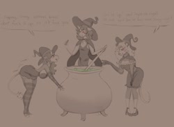 Size: 2822x2068 | Tagged: safe, artist:mortimer todd, imported from derpibooru, oc, oc only, anthro, unguligrade anthro, unicorn, butt shake, cauldron, dialogue, hat, horn, limited palette, lineart, smiling, unicorn oc, vulgar, witch, witch hat