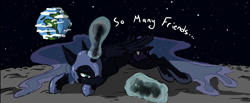Size: 534x220 | Tagged: safe, nightmare moon, alicorn, pony, aggie.io, banished, earth, female, lowres, lying down, magic, mare, moon, simple background, space