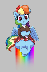 Size: 744x1134 | Tagged: safe, artist:pabbley, rainbow dash, pegasus, pony, aggie.io, clothes, dress, female, mare, open mouth, rainbow, simple background, sitting, spread wings, wings