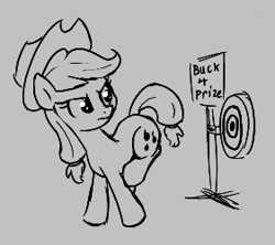 Size: 281x250 | Tagged: safe, applejack, earth pony, pony, aggie.io, bucking, female, hat, looking back, lowres, mare, monochrome, simple background, target