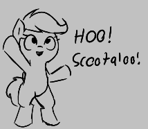 Size: 214x186 | Tagged: safe, scootaloo, pegasus, pony, aggie.io, female, filly, lowres, mare, monochrome, open mouth, raised hoof, rearing, simple background, smiling