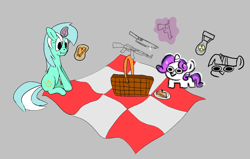 Size: 852x542 | Tagged: safe, artist:imsokyo, artist:purppone, lyra heartstrings, sweetie belle, twilight sparkle, pony, unicorn, aggie.io, basket, bomb, eating, female, food, gun, knife, magic, mare, picnic, picnic basket, sandwich, simple background, sitting, smiling, weapon