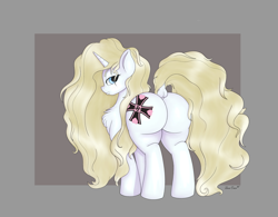 Size: 2000x1559 | Tagged: safe, artist:jessijinx, imported from ponybooru, oc, oc:erika aethelhilde, pony, unicorn, /mlp/, /mlpol/, 4chan, annoyed, aryan, aryan pony, blonde, blonde mane, blonde tail, blue eyes, butt, chest fluff, cutie mark, dock, female, freckles, horn, large butt, nazi, nazipone, solo, standing, wehrmacht, white coat