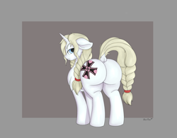 Size: 2000x1559 | Tagged: safe, artist:jessijinx, imported from ponybooru, oc, oc:erika aethelhilde, pony, unicorn, /mlp/, /mlpol/, 4chan, annoyed, aryan, aryan pony, blonde, blonde mane, blonde tail, blue eyes, braid, braided pigtails, braided tail, butt, cutie mark, dock, female, freckles, horn, large butt, nazi, nazipone, solo, standing, wehrmacht, white coat