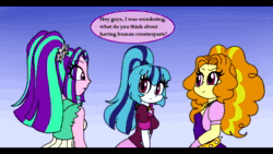 Size: 1280x720 | Tagged: safe, artist:queentigrel, artist:wubcakeva, imported from derpibooru, adagio dazzle, aria blaze, sonata dusk, sunset shimmer, equestria girls, animated, comic, comic dub, female, heathers, human sunset, sound, sound only, the dazzlings, voice acting, webm
