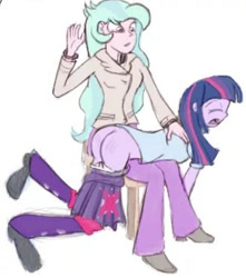 Size: 720x813 | Tagged: safe, artist:rusticanon, imported from twibooru, princess celestia, twilight sparkle, equestria girls, butt, clothes, image, needs more jpeg, over the knee, principal celestia, punishment, simple background, skirt, skirt pull, spanking, stool, twibutt