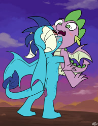 Size: 1024x1326 | Tagged: safe, artist:loreto-arts, imported from derpibooru, princess ember, spike, dragon, blushing, cute, dragon lands, dragoness, emberbetes, emberspike, female, grin, holding, holding a dragon, looking at each other, looking at someone, looking down, looking up, male, open mouth, shipping, smiling, spikabetes, straight, surprise hug, winged spike, wings