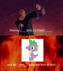 Size: 500x562 | Tagged: safe, editor:spikeabuser, imported from ponybooru, spike, dragon, abuse, crossover, disney, hellfire, hunchback of notre dame, judge claude frollo, male, reference, spikeabuse