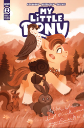 Size: 603x919 | Tagged: safe, artist:justasuta, idw, imported from derpibooru, hitch trailblazer, bird, earth pony, pony, rabbit, squirrel, spoiler:comic, animal, bandage, cover art, forest, g5, limited palette, sleeping bag, smiling, solo