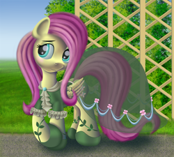 Size: 2000x1800 | Tagged: safe, artist:iimaximusii, imported from derpibooru, fluttershy, pony, blushing, clothes, crossed legs, dress, female, folded wings, full color, gem, grass, hair over one eye, lidded eyes, long mane, looking to side, mare, outdoors, pathway, ponyville, shoes, shy, solo, standing, transparent, trellis, wings