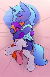 Size: 1248x1943 | Tagged: safe, artist:cornelia_nelson, imported from derpibooru, princess luna, oc, alicorn, pegasus, pony, blushing, butt, canon x oc, clothes, cuddling, dock, female, filly, foal, grin, hug, mare, nightgown, plot, s1 luna, size difference, sleeping, smiling, stockings, tail, thigh highs, underhoof