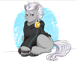 Size: 2253x1787 | Tagged: safe, artist:sallylla, imported from derpibooru, pony, unicorn, alphabittle blossomforth, alphabittle blossomforth is not amused, clothes, freckles, frown, g5, headphones, hoodie, hooves, lidded eyes, male, my little pony: a new generation, raised eyebrow, raised hoof, simple background, sitting, solo, stallion, unamused, unshorn fetlocks, younger