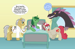 Size: 865x559 | Tagged: safe, artist:merrypaws, imported from derpibooru, oc, oc only, dracony, dragon, earth pony, hybrid, pony, unicorn, baby, balloon, bed, doctor, hospital, interspecies, interspecies offspring, newborn, offspring, parents:oc x oc, scared, thought bubble