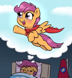 Size: 1629x1773 | Tagged: safe, artist:heretichesh, imported from derpibooru, scootaloo, pegasus, pony, bed, blank flank, blushing, cape, clothes, cmc cape, cute, cutealoo, dream, female, filly, floppy ears, flying, foal, open mouth, open smile, scootaloo can fly, sleeping, smiling, solo, sparkles, sweet dreams fuel, thought bubble