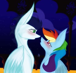 Size: 1320x1278 | Tagged: safe, artist:nightalein, imported from derpibooru, rainbow dash, soarin', blushing, female, looking at each other, looking at someone, male, shipping, soarindash, straight