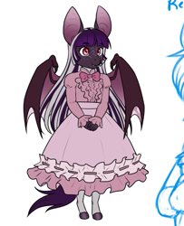 Size: 689x850 | Tagged: safe, artist:askbubblelee, imported from derpibooru, oc, oc only, oc:midnight mural, anthro, bat pony, unguligrade anthro, anthro oc, bat pony oc, clothes, cute, digital art, dress, fangs, female, filly, foal, freckles, hnnng, simple background, slit pupils, smiling, solo