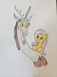 Size: 2992x4000 | Tagged: safe, artist:enya, imported from derpibooru, discord, fluttershy, draconequus, pegasus, pony, duo, smiling, traditional art