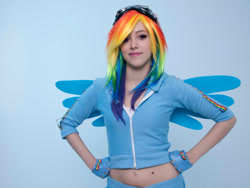 Size: 2828x2121 | Tagged: safe, artist:inhumansandwiches, imported from derpibooru, rainbow dash, human, 2016, belly button, clothes, cosplay, costume, high res, irl, irl human, midriff, multicolored hair, photo, rainbow hair, solo