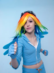 Size: 866x1155 | Tagged: safe, artist:inhumansandwiches, imported from derpibooru, rainbow dash, human, 2016, belly button, clothes, cosplay, costume, fingerless gloves, gloves, irl, irl human, midriff, multicolored hair, photo, rainbow hair, solo