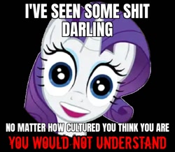 Size: 822x716 | Tagged: safe, artist:ezescratch, edit, imported from derpibooru, rarity, pony, unicorn, black background, caption, cursed image, darling, horn, i've seen some shit, image macro, looking at you, meme, overly attached girlfriend, simple background, smiling, smiling at you, solo, staring at you, staring into your soul, text, uncanny valley, vector, vulgar